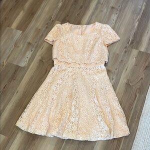 Peach A-line Mini lace Dress with round  Neck for Wedding Guest XS